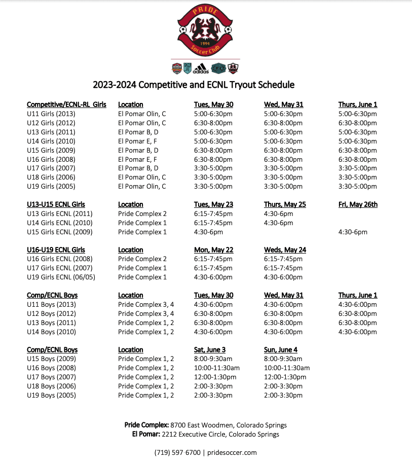 Youth Soccer Tryouts Schedule - Colorado Springs Soccer - Pride Soccer